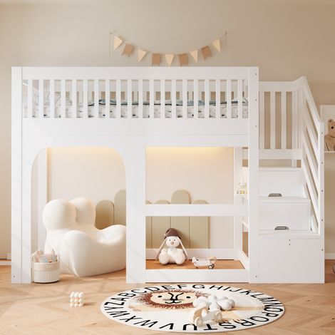 Lit superposé mezzanine enfant 90x200 cm, blanc, avec porte et fenêtre, échelle intégrée, rangements ouverts sous couchage, éclairage LED, barrière protectrice et base à lattes (1/5)