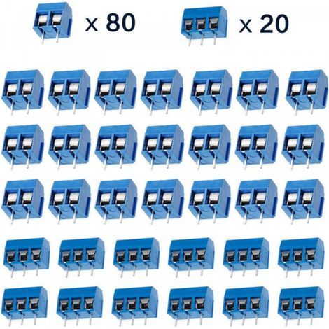 100 Pièces PCB Vis Connecteur, Bornier à Souder Bleu 5mm, Bornier à Vis de PCB Circuit Imprimé 2 Broches (Pin) et 3 Broches (Pin) (1/5)