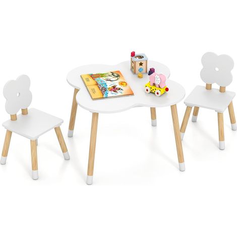 COSTWAY Set Tavolo per Bambini 3+ Anni a Forma di Fiore, 2 Sedie e Gambe in Legno di Pino Solido (1/5)