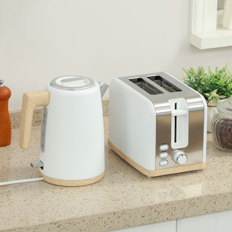 Conjunto de hervidor y tostadora, 1,7 L, 2200 W, tostadora de 2 rebanadas con 7 niveles de tostado, blanco