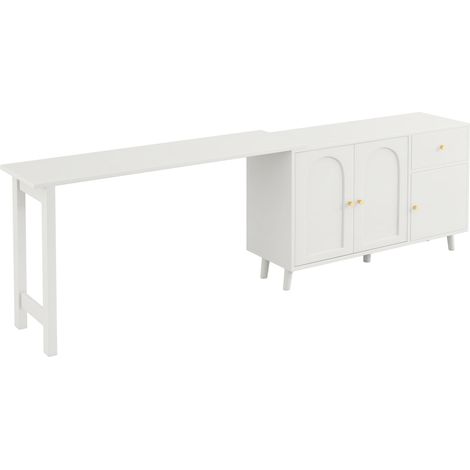 Bureau et meuble d'appoint 2 en 1 pivotant à 360° avec 3 portes et 1 tiroir – plateau en panneau de particules blanc et doré (1/5)