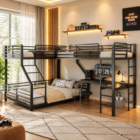 Lit Superposé Triple en Métal Noir 90x200/140x200cm avec Bureau d'Angle et Prise USB Type-C, Lit Mezzanine en Fer Certifié EN747 pour Enfant Adulte (1/5)