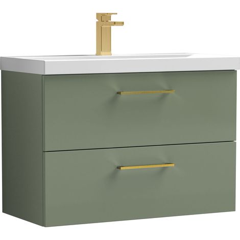 Balterley 800mm Wall Hung Bathroom 2 Drawer Vanity Unit and 1 Tap Hole Ceramic Basin, Satin Green with Brushed Brass Handles