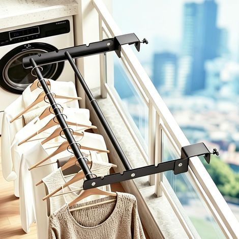 Expandable Clothes Airer 37-67 cm, Foldable and Space-Saving Clothes Airer for Balcony, Towel Rail for Balcony Guardrail, Clothes Airer Door, Black (1/5)