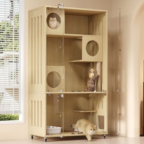 Modernluxe - Maison pour chat, ville mobile pour chat - Avec griffoir et serrure à clé - Naturel (Bac à litière non inclus)