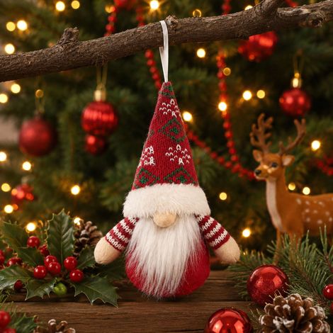 Weihnachtsschmuck, Zwergenfiguren, Rudolph, gesichtslose alte Männer als Ornamente, Weihnachtsbaumschmuck