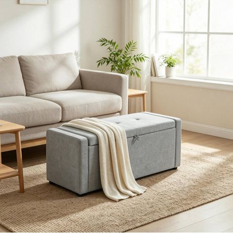 Banc de rangement moderne avec revêtement effet lin, siège large 122 cm, gris clair (1/5)