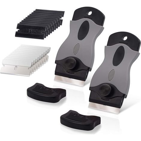2 PCS Grattoir Plaque Vitrocéramique avec 10 raclettes de en Plastique +10 pièce Lames Métallique, Grattoir vitrocéramique pour enlever Les étiquettes, le noir (1/5)