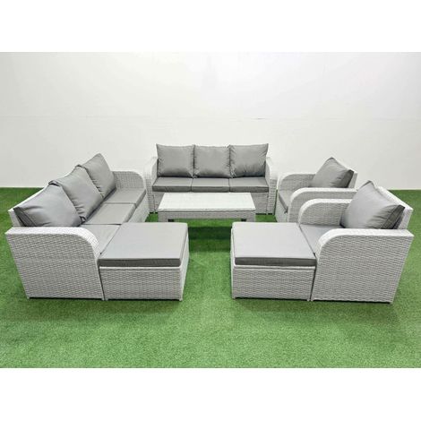 Fimous PE Rattan High Back Lounge Sofa Set Patio Oblong Coffee Table & Chairs Set with 3 Seater Sofa Reclining Chair 2 Big Footstool Light Grey (1/5)