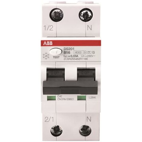 Disjoncteur Différentiel-DS201UL-1P+N (droite)-16A-Cbe B-6KA-30mA Type A- UL/CS 2CSR255187R1165 ABB L257891