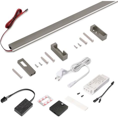 Emuca Kit de barra para armario Luxe, tira LED 4,5x8 Neonlynx V, sensor de movimiento RF Smart y convertidor Smart (24V DC), longitud 1.150mm, Luz blanca cálida 2.700K, Plástico y Aluminio, Titanio -
