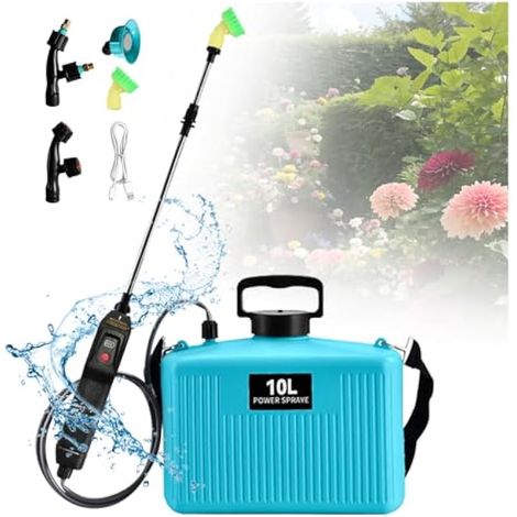 Pulvérisateur à dos à piles, pulvérisateur électrique portable de 10 L avec 4 buses de brume, poignée rechargeable par USB et baguette rétractable, pulvérisateur d'eau pour pelouse, jardin (1/5)