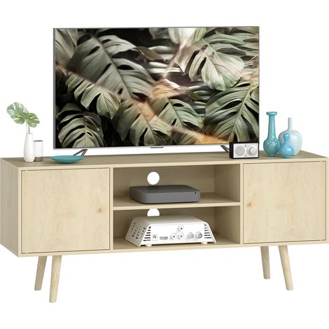 Mobile porta TV per televisori fino a 55 pollici, con 2 ante e 2 ripiani a giorno, 120x34x50 cm, effetto legno naturale.
