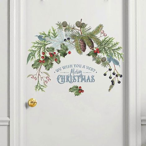 Stickers muraux Joyeux Noël Pommes de pin Branches Baies Plantes vertes Autocollants pour fenêtre Porte vitrée Affiches murales Décoration de Noël et du Nouvel An (1/4)