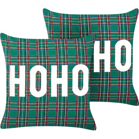 Conjunto de 2 cojines de tela de poliéster patrón de tartán navideño 45 x 45 cm verde Joycandy