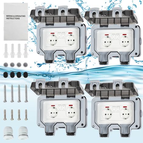 TolleTour 4X Doppia presa impermeabile da esterno IP66 con interruttore, doppia presa a muro da esterno per cucina, bagno, garage, piscina e giardino