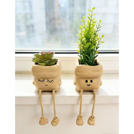 Hängender Blumentopf mit künstlichen Pflanzen – 2 Cartoon-Harz-Töpfe mit Sukkulenten, Dekotopf für Schreibtisch, Büro & Wohnzimmer, Geschenkidee für Pflanzenliebhaber