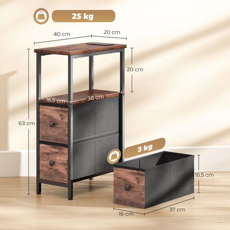Table basse/table d'appoint avec station de recharge, structure en acier, 2 tiroirs en tissu, compartiment ouvert, 20 cm x 40 cm x 63 cm, marron rustique (1/5)