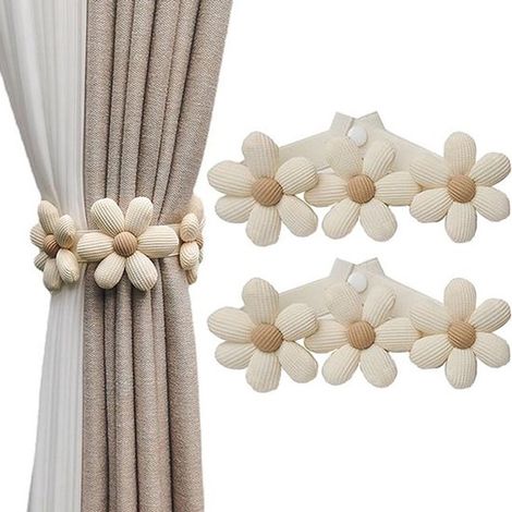 Lot de 2 embrasses de rideaux 45 cm, cordons réglables faits main avec motif floral, attaches décoratives pour rideaux, beige (1/5)