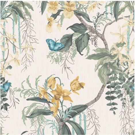 Suki Trail Vinyl Orchid Wallpaper Green/Yellow Paste the Paper 10.05m x 53cm (1/4)