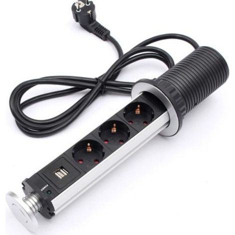 Multiprise électrique pop-up 3 prises – 2 ports USB – Câble 2m – Norme européenne – Installation verticale/horizontale (1/3)
