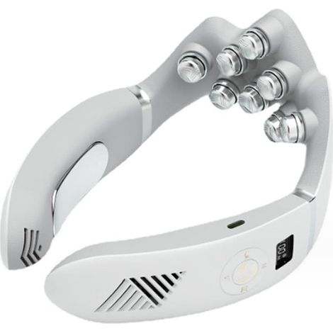 Massaggiatore elettrico a impulsi per il collo, di colore bianco, con 8 testine massaggianti bioniche.