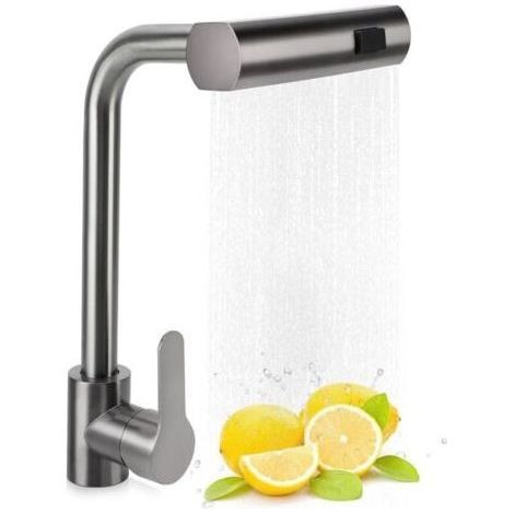 Mitigeur de Cuisine Cascade, Robinet de Cuisine en Cuivre 3 Modes D'eau, Robinet D'évier de Cuisine à Poignée Unique, Robinet D'évier Pivotant à 360 Degrés, Siège de Valve (Grise)