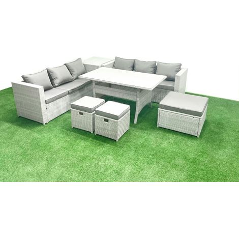 Fimous Rattan Gartenmöbel-Set 9 Sitzer mit Esstisch Beistelltisch 3 Fußhockern Hellgrau gemischt (1/5)