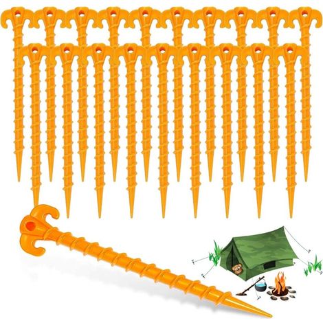 Lntyq 20 Pcs Piquets de Tente en Plastique, de 20 cm Sardines Plastique avec Crochet Clous de Fixation Sol Dur pour Auvents de Camping, Bâches de Pluie, Jardin (Jaune)