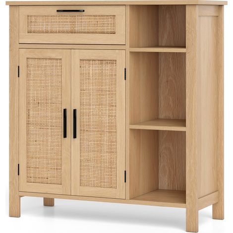 COSTWAY Wooden Buffet Sideboard Storage Cabinet w/2 Rattan Woven Doors-Natural