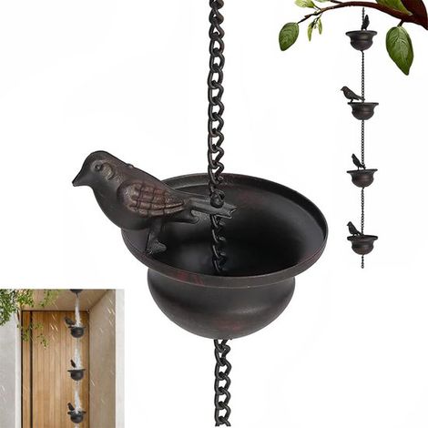 Chaîne de pluie en métal - Chaîne de pluie en métal en forme d'oiseau - Chaîne de suspension pour la récupération d'eau de pluie - Chaîne de pluie décorative - Contient 8 petits oiseaux -... (1/5)