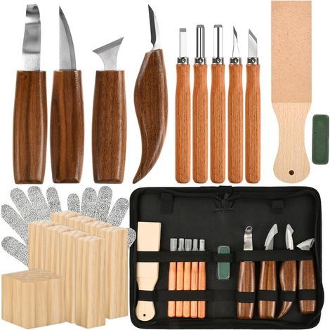 Kit de Sculpture sur Bois 23 pièces avec Couteaux, Bois à Sculpter, Pâte à Polir et Gants (1/5)