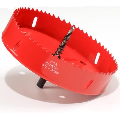 Scie cloche -155 mm - Acier rapide HSS M42 bi-métal - Scie-cloche avec tige hexagonale et foret pour bois, construction sèche et tôle métallique - 1 pièce - Rouge (1/5)