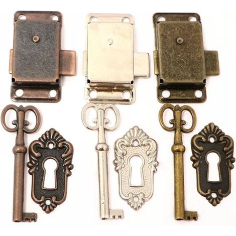 Serrures à trois pièces pour meubles - serrures - serrures pour tiroirs - serrures pour boîtes à bijoux - serrures décoratives antiques - nickel blanc/rouge antique/vert antique - alliage de zinc nick (1/5)