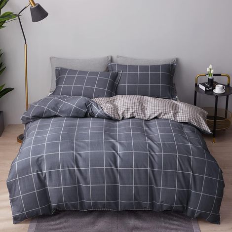 Bettwäsche-Set 155x220 cm Kariert Grau Bio-Baumwolle mit Reißverschluss