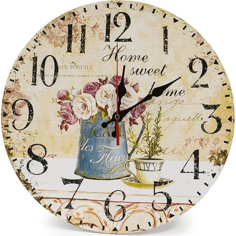 Reloj de pared rústico vintage de 34 cm para el hogar, con esfera de madera silenciosa y temporizador (Café y flores) (1/5)
