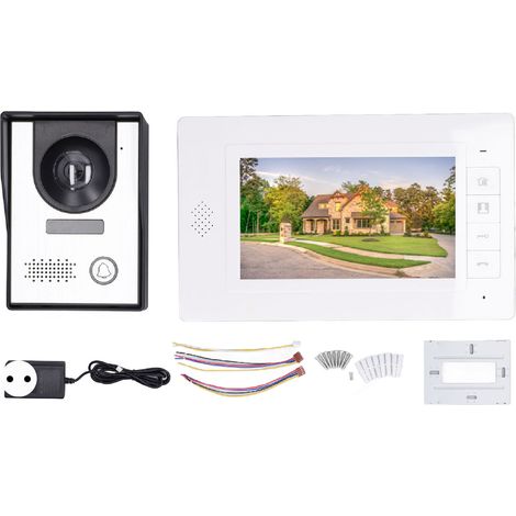 Kit de visiophone vidéo 7 pouces, sonnerie réglable, luminosité et volume ajustables, système multifonctionnel, prise UE 110-240V, moniteur d'entrée avec caméra, kit complet pour domicile. (1/5)