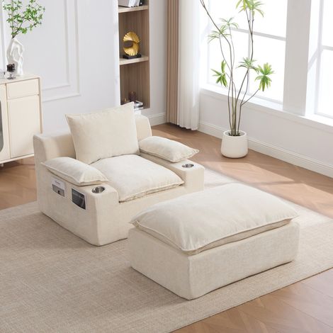 Méridienne chaise longue relax en chenille beige 113x93x81 cm, livrée sous‑vide, 4 coussins porte‑gobelet sac rangement salon balcon (1/5)