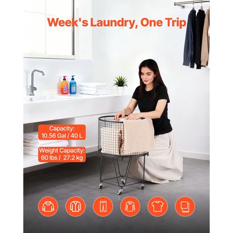 Chariot à linge rond et mobile avec roues pivotantes à 360°, panier à linge, charge de 27,2 kg, capacité de 40 L chariot de courses… (1/5)