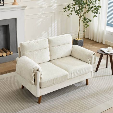 2-Sitzer Sofa mit Holzoptik-Füßen, Kissen, Chenille-Bezug, beige (1/5)