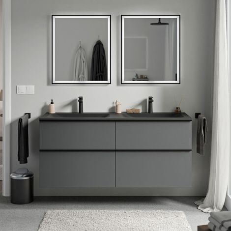 Badmöbel Unterschrank Bernstein LAVOA 140cm mit Mineralguss Waschbecken CREAM Badmöbel: Anthrazit matt, Metallgriff: Chrom, Waschbecken: Schwarz matt mit Hahnloch