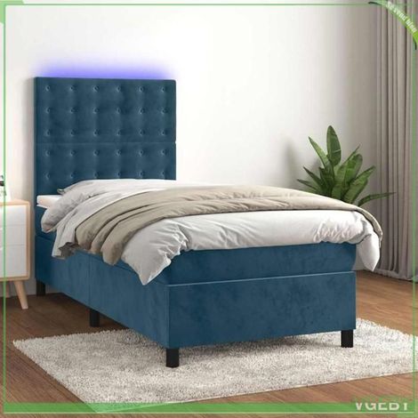 Sommier tapissier avec matelas et LED - FAF7291712411403 - 90x190 cm - Velours bleu foncé - Tête de lit réglable & bande LED (1/5)