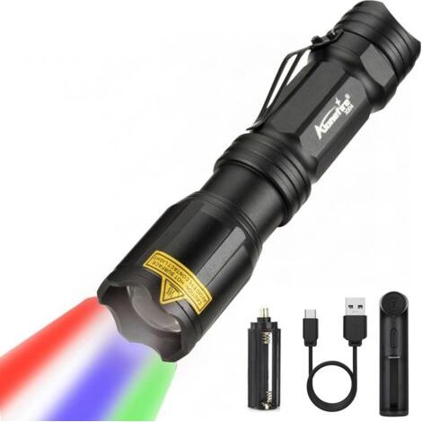 X004 4 Couleur Puissante Lampe de poche Multicolore LED Rechargeable Rouge/Vert/Bleu/Blanc Lampe Torche étanche Zoomable avec Batterie Lithium, Chargeur pour le Camping Randonnée Militaire (1/5)