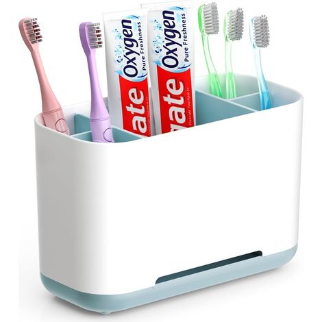 Porta spazzolino rimovibile, porta spazzolino elettrico con 2 scomparti e fori di scarico, porta dentifricio antiscivolo (blu)