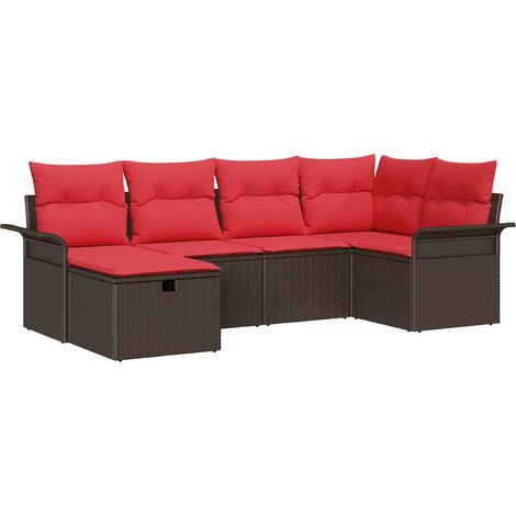 Gartensofa-set mit Kissen 6 pcs Braun und Rot Poly-Rattan vidaXL