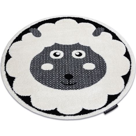 Moderner Kinderteppich JOY Kreis Sheep, Schaf für Kinder - strukturelle, zwei Ebenen aus Vlies creme / schwarz grey rund 140 cm