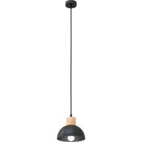 Sospensione Nordica 1 Luce Seco In Acciaio Nero A Cupola E Legno Naturale