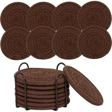 Ensemble de 8 sous-verres (avec support de rangement), absorbants, pour tables basses, ensemble minimaliste en coton tissé (1/5)