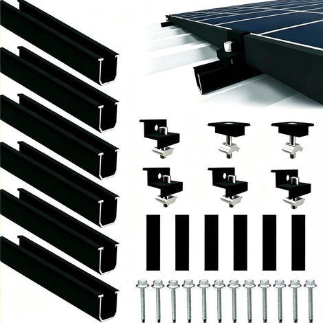 Kit de montage pour panneau solaire, panneau solaire en aluminium pour 2 modules, kit de montage PV de 12 cm, rail noir, pince réglable pour support de 30 à 35 mm d'épaisseur, toit plat en tôle (1/5)