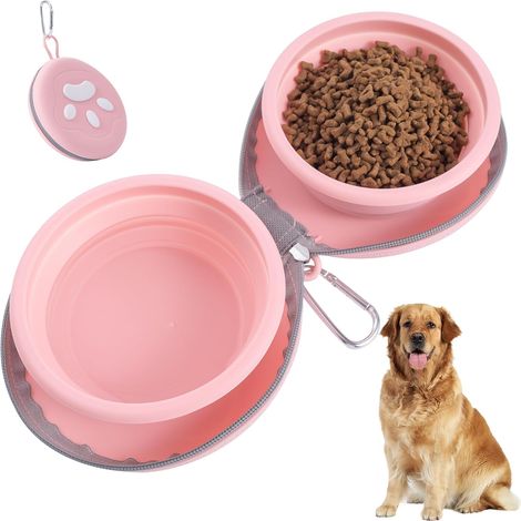 Foldable 2 in 1 Dog Bowls with Paw Motif, Travel Bowl for Dogs with Travel Case, Silicone Dog Bowls, Portable Dog Bowl, Water Bowl for Dogs, Camping and Walks, Pink (1/5)